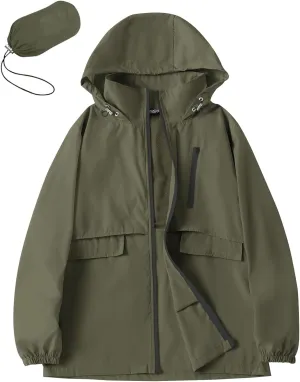 Avoogue Rain Jacket Women with Hooded Lightweight Waterproof Raincoats Packable Zipper Pockets Windbreakers