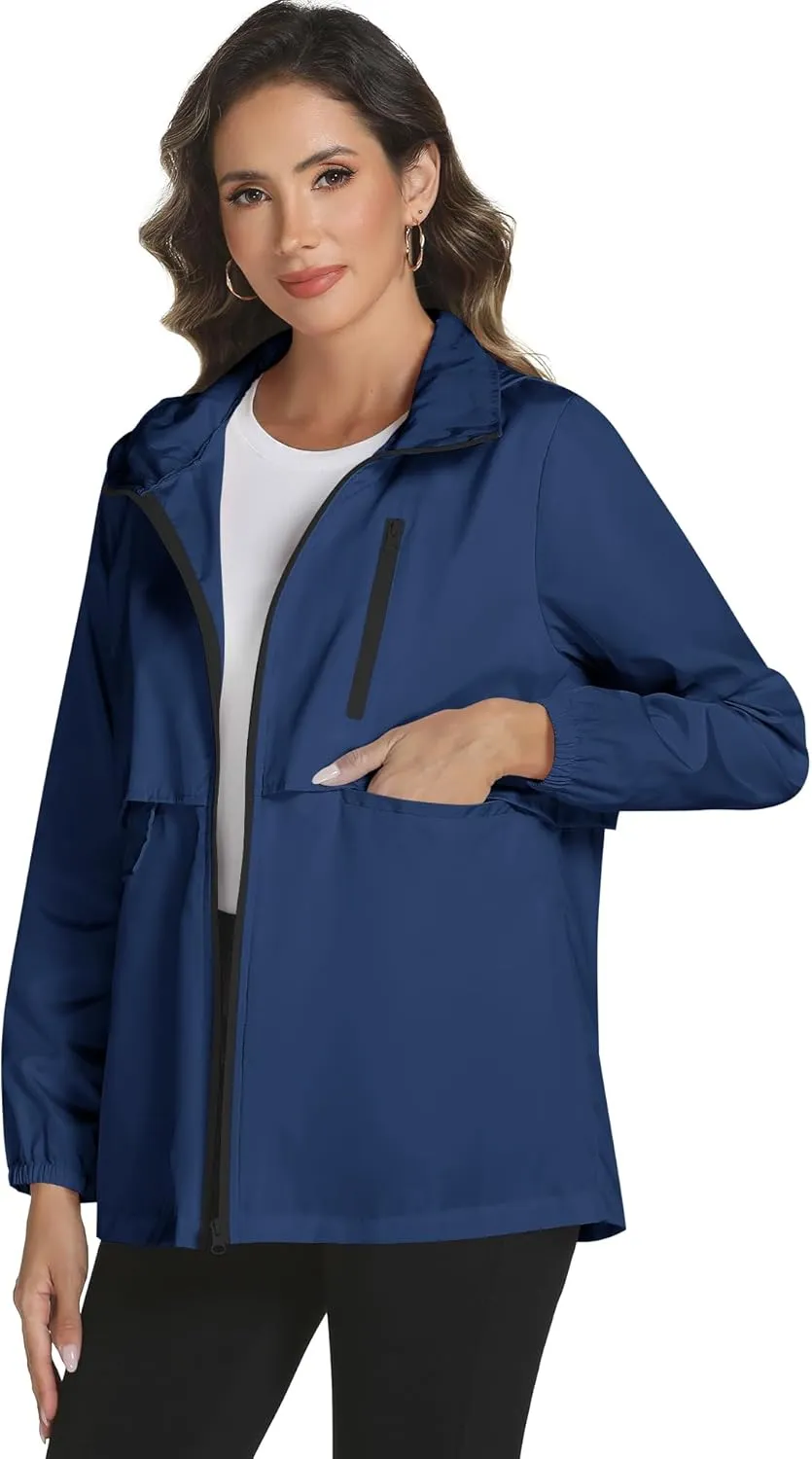 Avoogue Rain Jacket Women with Hooded Lightweight Waterproof Raincoats Packable Zipper Pockets Windbreakers