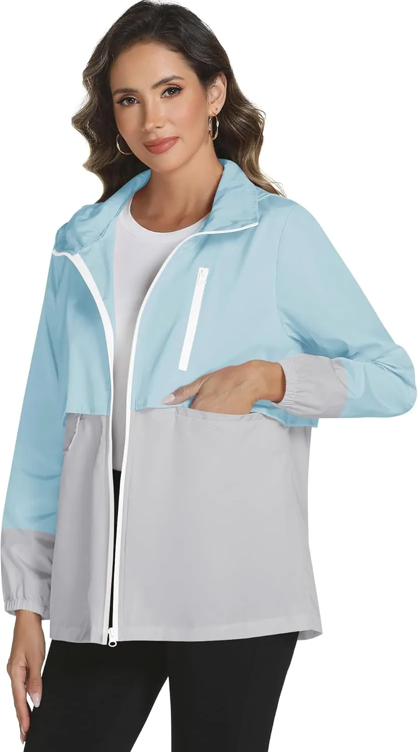 Avoogue Rain Jacket Women with Hooded Lightweight Waterproof Raincoats Packable Zipper Pockets Windbreakers