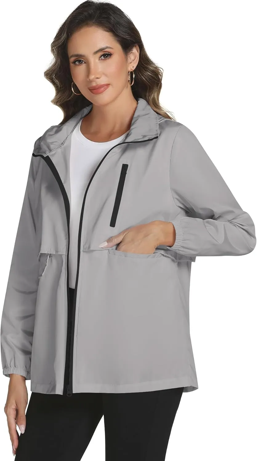 Avoogue Rain Jacket Women with Hooded Lightweight Waterproof Raincoats Packable Zipper Pockets Windbreakers