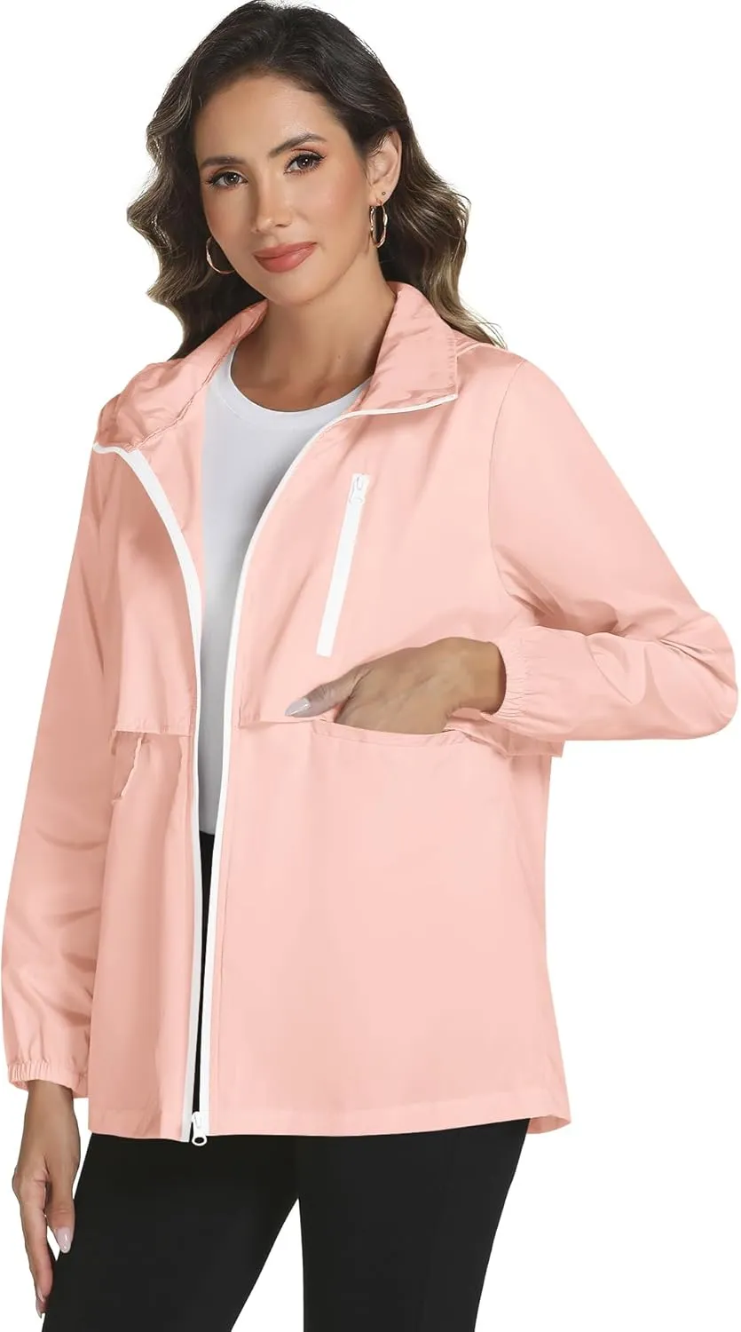 Avoogue Rain Jacket Women with Hooded Lightweight Waterproof Raincoats Packable Zipper Pockets Windbreakers
