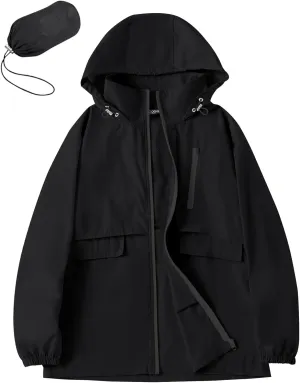 Avoogue Rain Jacket Women with Hooded Lightweight Waterproof Raincoats Packable Zipper Pockets Windbreakers