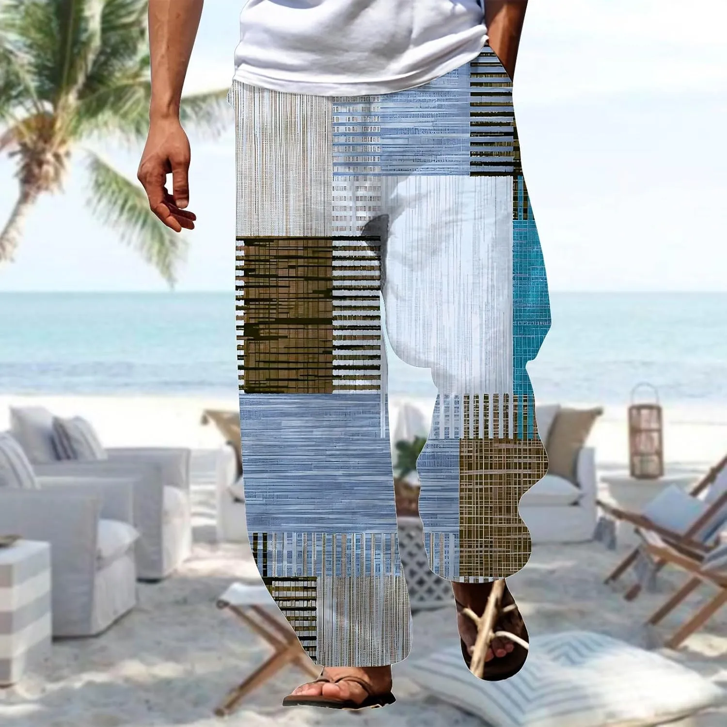 Baggy Harem Hippie Pants for Men Summer Linen Wide Leg Yoga Beach Pants Elastic Waist Casual Loose Hawaiian Trousers