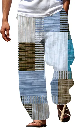 Baggy Harem Hippie Pants for Men Summer Linen Wide Leg Yoga Beach Pants Elastic Waist Casual Loose Hawaiian Trousers
