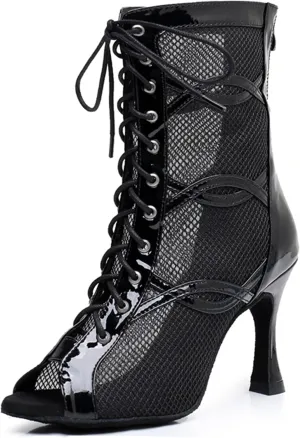 Ballroom Latin Shoes for Women Peep Toe Dancing Ankle Boots Lace-up Evening Sandals Booties X3228