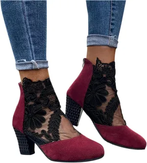 Beach Sandals for Women, Sandals for Women Sexy Hollow Floral Lace Chunky High Heels Casual Platform Boots