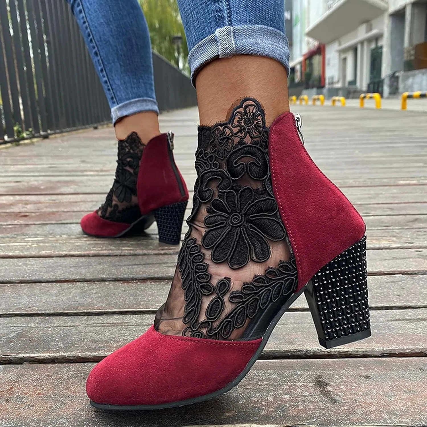 Beach Sandals for Women, Sandals for Women Sexy Hollow Floral Lace Chunky High Heels Casual Platform Boots