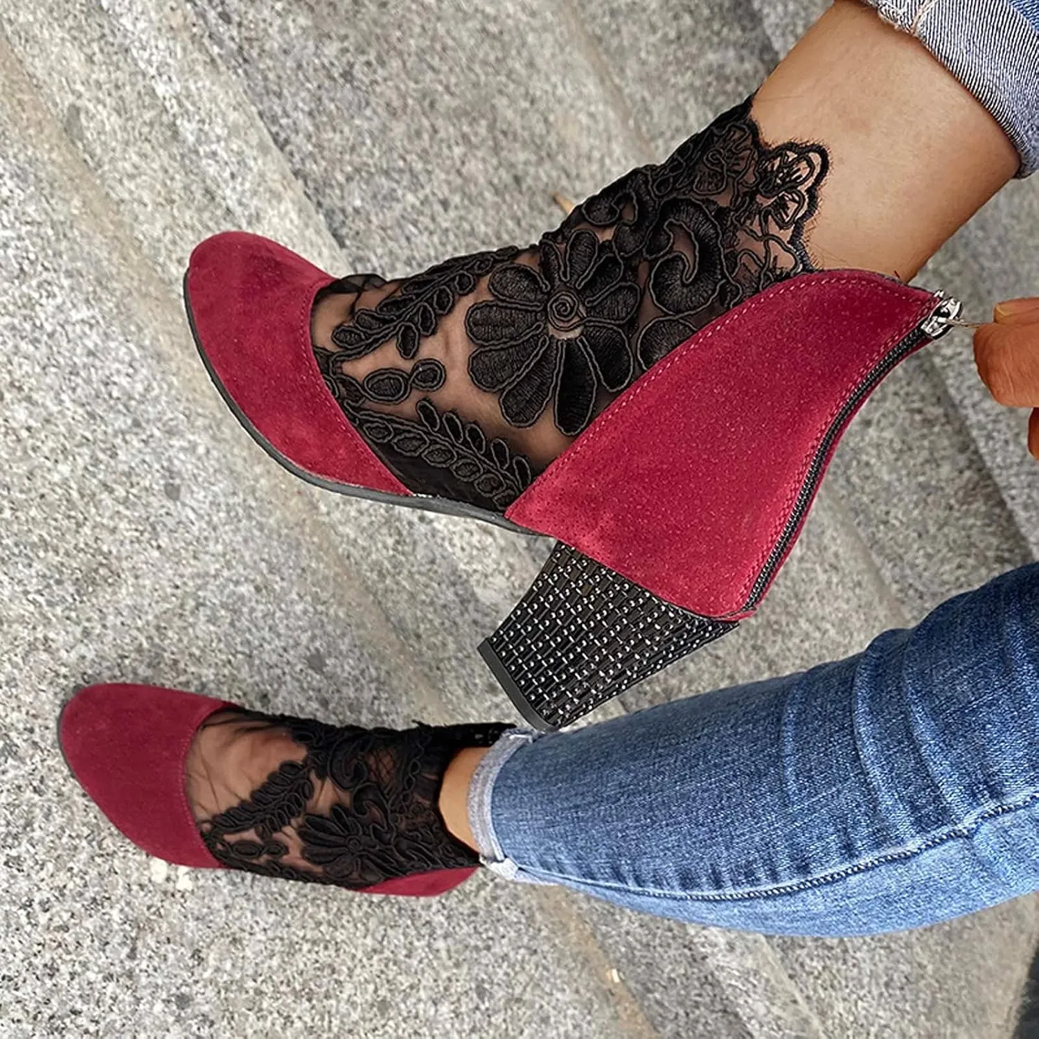 Beach Sandals for Women, Sandals for Women Sexy Hollow Floral Lace Chunky High Heels Casual Platform Boots