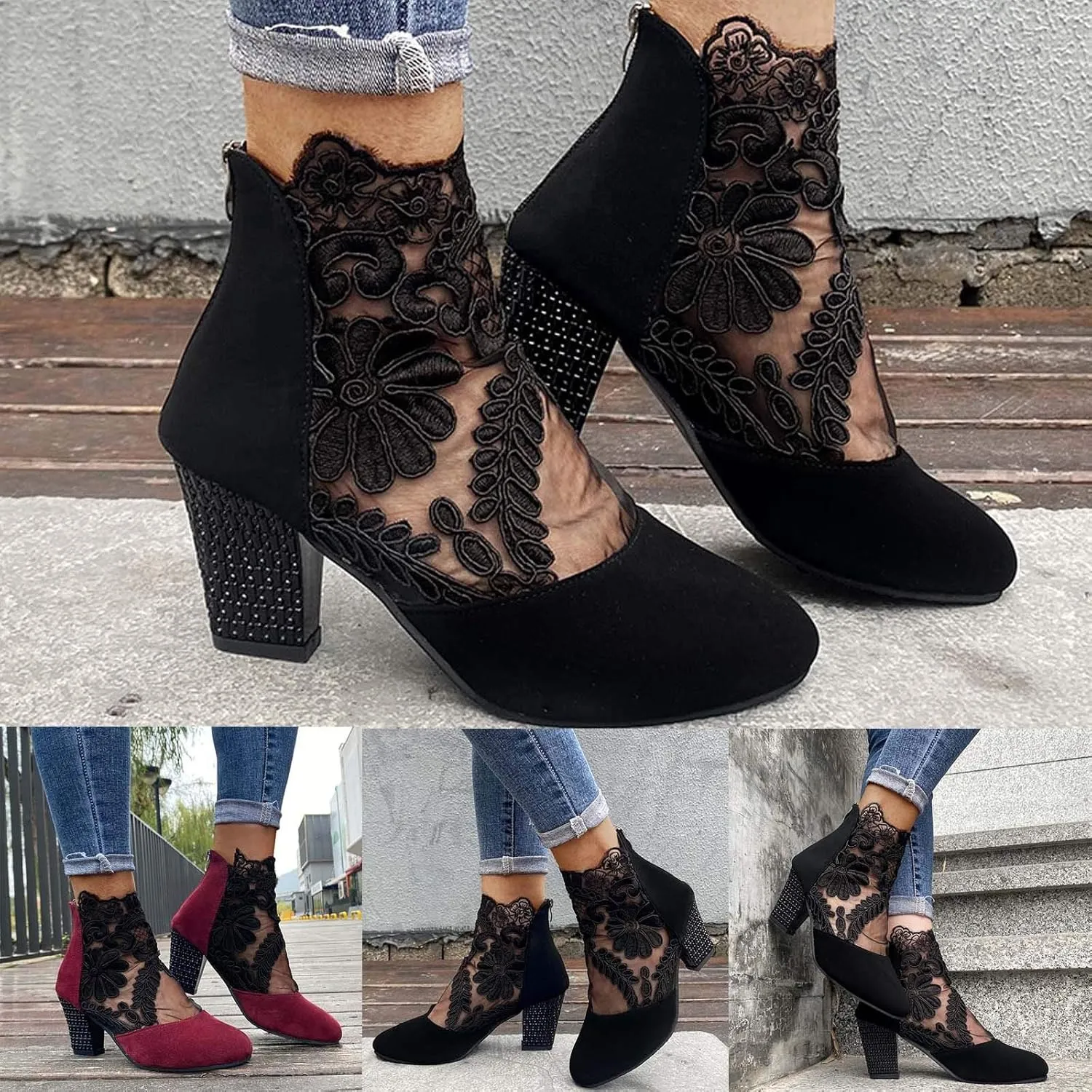 Beach Sandals for Women, Sandals for Women Sexy Hollow Floral Lace Chunky High Heels Casual Platform Boots