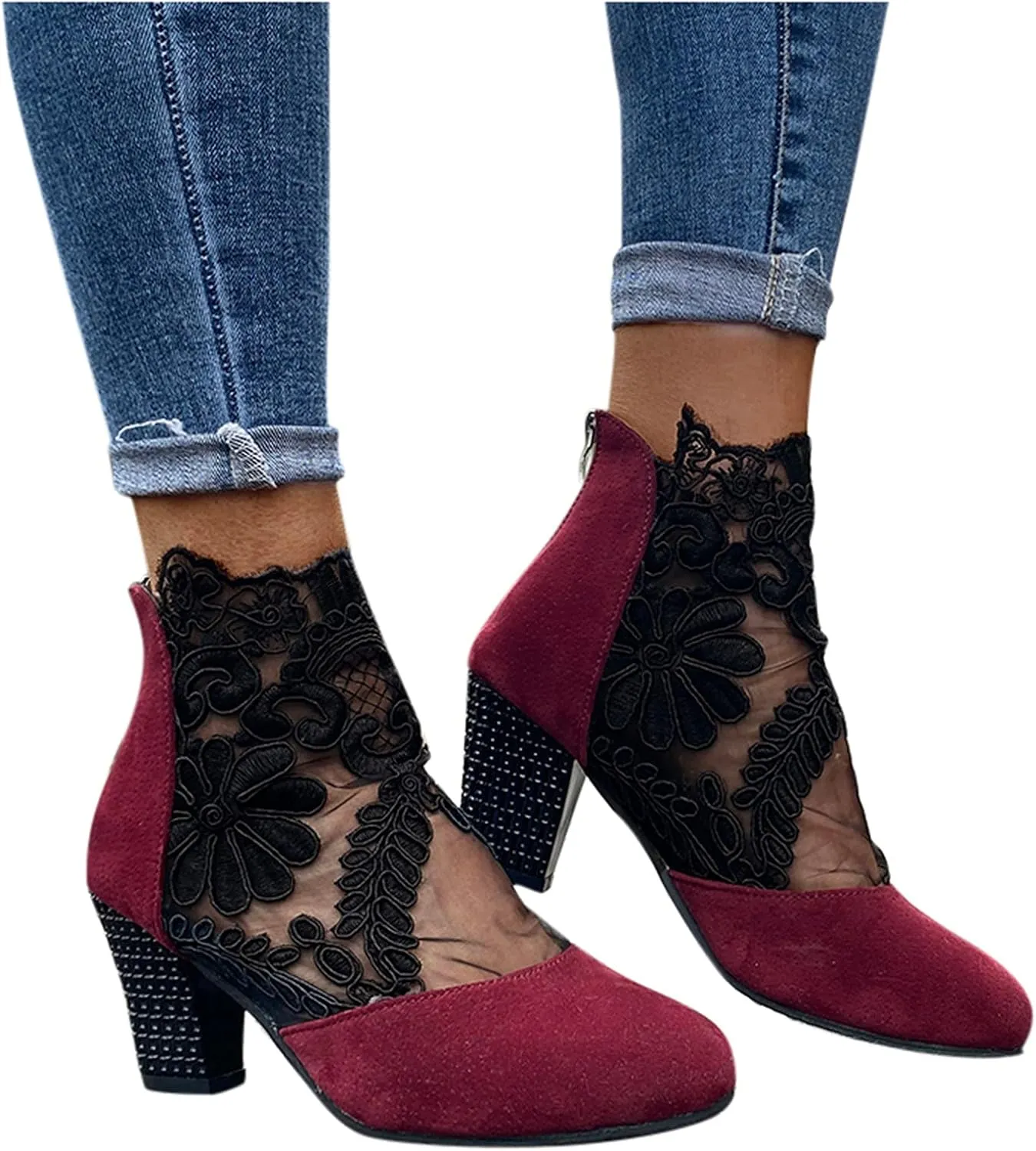Beach Sandals for Women, Sandals for Women Sexy Hollow Floral Lace Chunky High Heels Casual Platform Boots