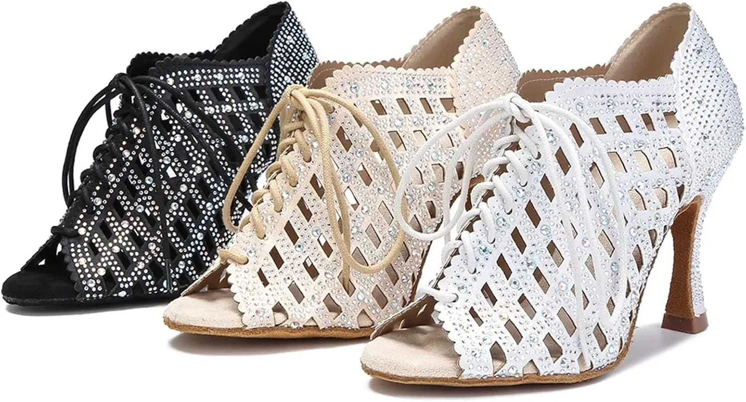 Black Latin Dance Shoes - Soft Bottom Sandals with 9CM (3.54") Heels for Ballroom, Salsa Training, Party