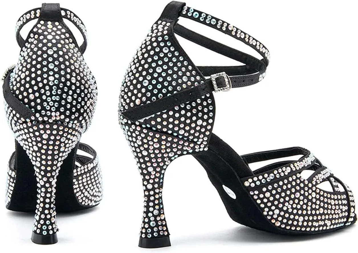 Black Satin Dance Shoes - Rhinestone Sneakers with 9CM (3.54") Heels for Ballroom, Professional Use