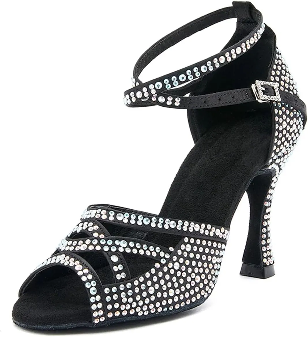 Black Satin Dance Shoes - Rhinestone Sneakers with 9CM (3.54") Heels for Ballroom, Professional Use
