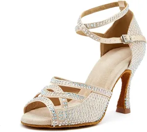 Black Satin Dance Shoes - Rhinestone Sneakers with 9CM (3.54") Heels for Ballroom, Professional Use