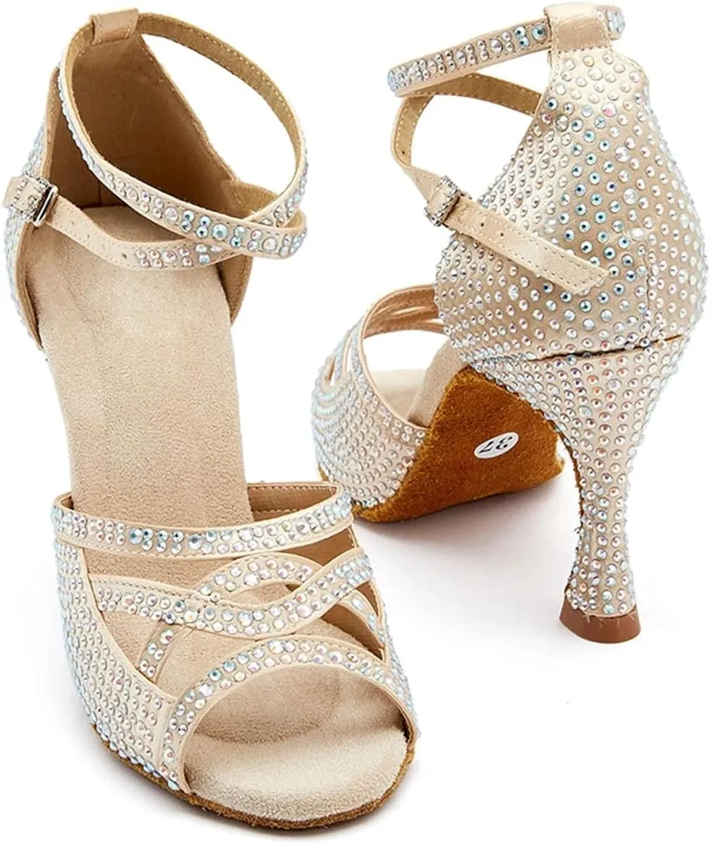 Black Satin Dance Shoes - Rhinestone Sneakers with 9CM (3.54") Heels for Ballroom, Professional Use