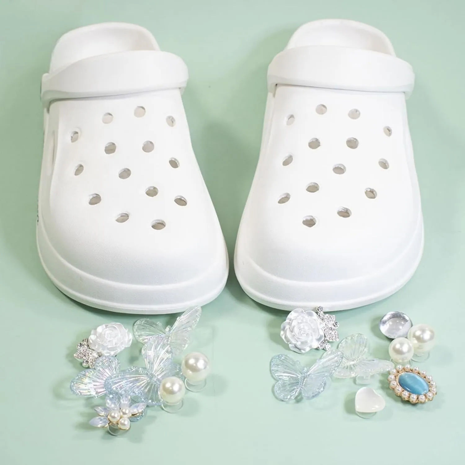Bling Butterfly Shoe Charms Jewelry for Women,Girly White CZ Luxury Floral Pearl Flower Shoe Decorations Accessories Jewels For Women,Bling Blue Rhinestones Clog Charms for Clog Shoes