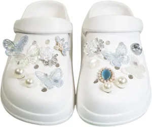 Bling Butterfly Shoe Charms Jewelry for Women,Girly White CZ Luxury Floral Pearl Flower Shoe Decorations Accessories Jewels For Women,Bling Blue Rhinestones Clog Charms for Clog Shoes