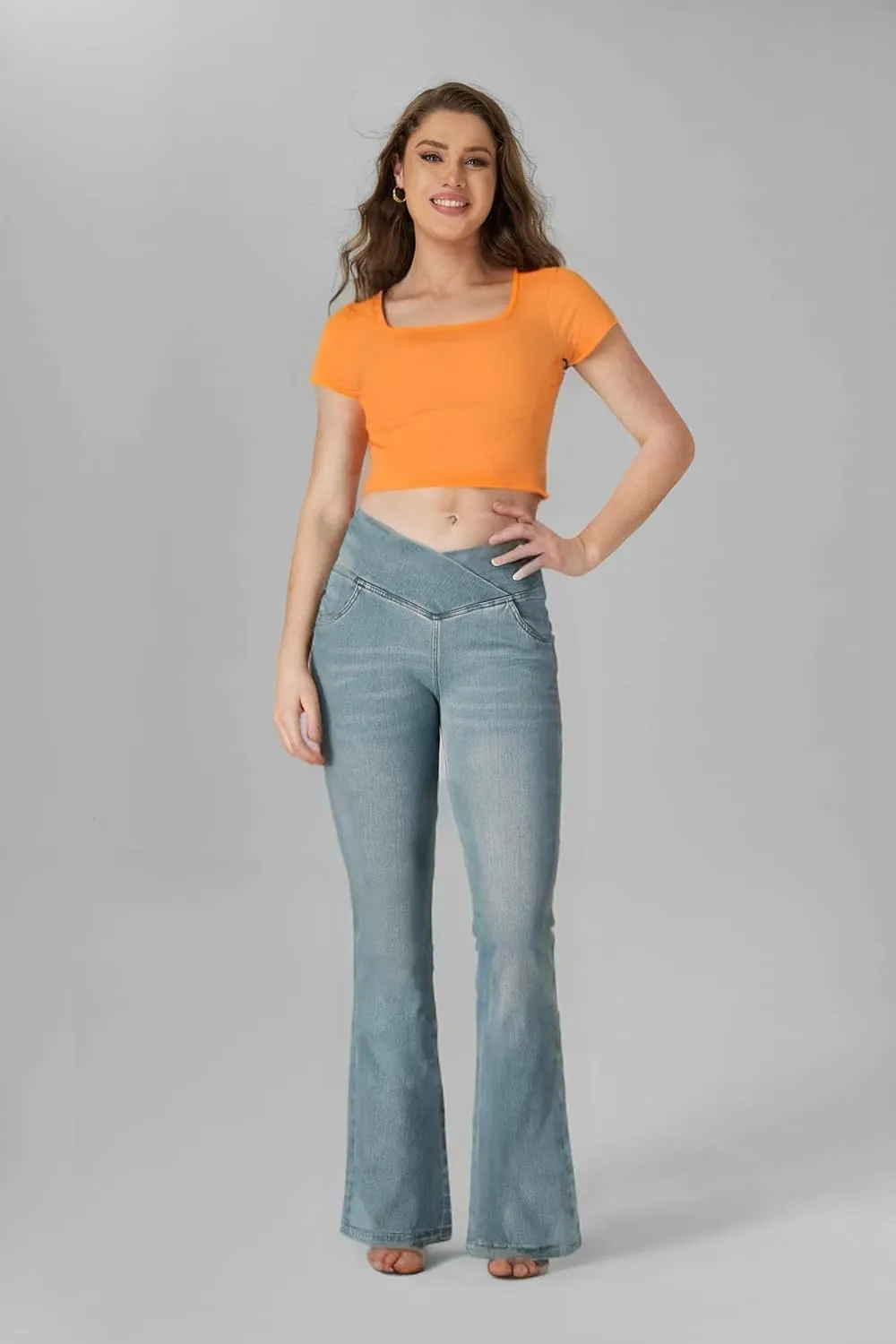 BlueRose Flare Jean Leggings for Women,Bell Bottom Jeans for Women Knit Crossover High Waisted Bootcut Jean