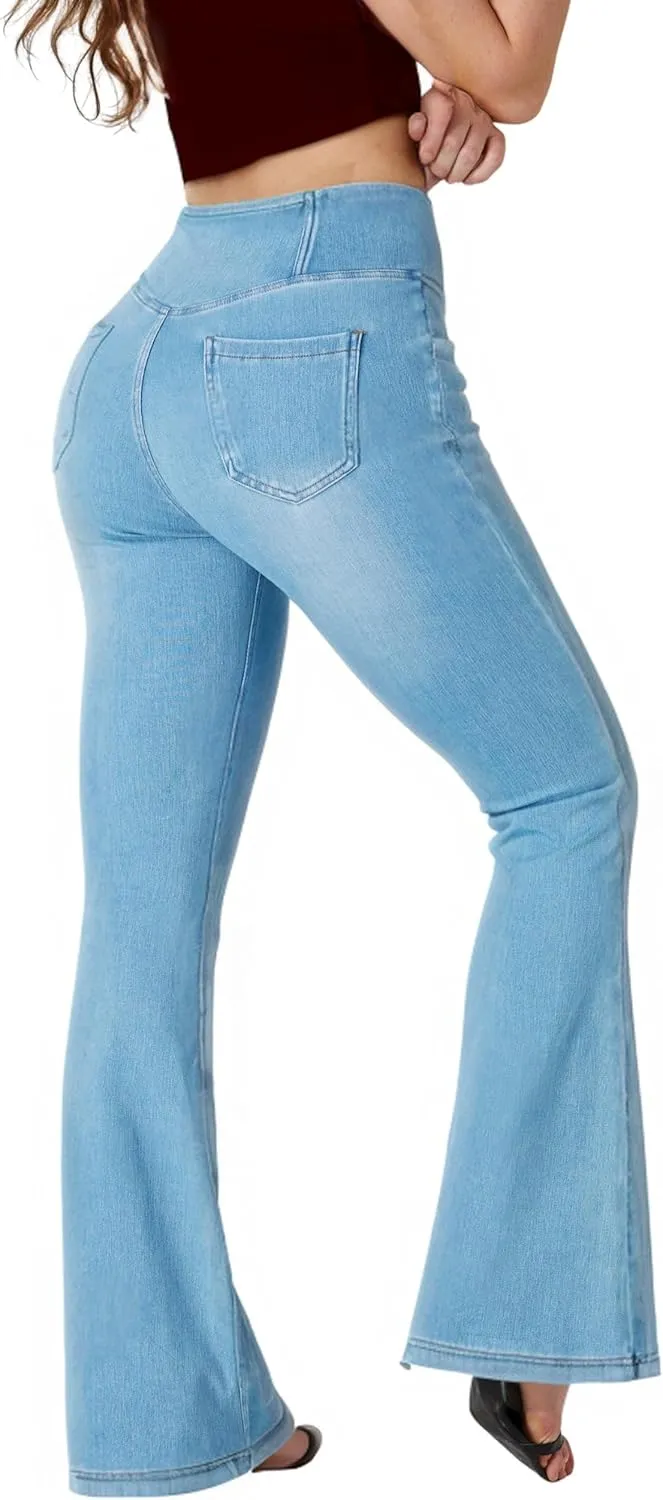 BlueRose Flare Jean Leggings for Women,Bell Bottom Jeans for Women Knit Crossover High Waisted Bootcut Jean