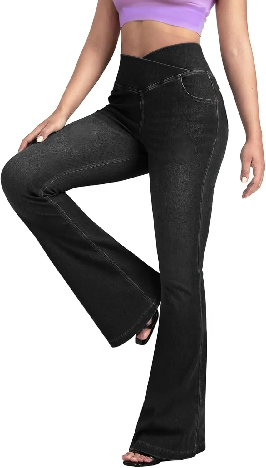 BlueRose Flare Jean Leggings for Women,Bell Bottom Jeans for Women Knit Crossover High Waisted Bootcut Jean