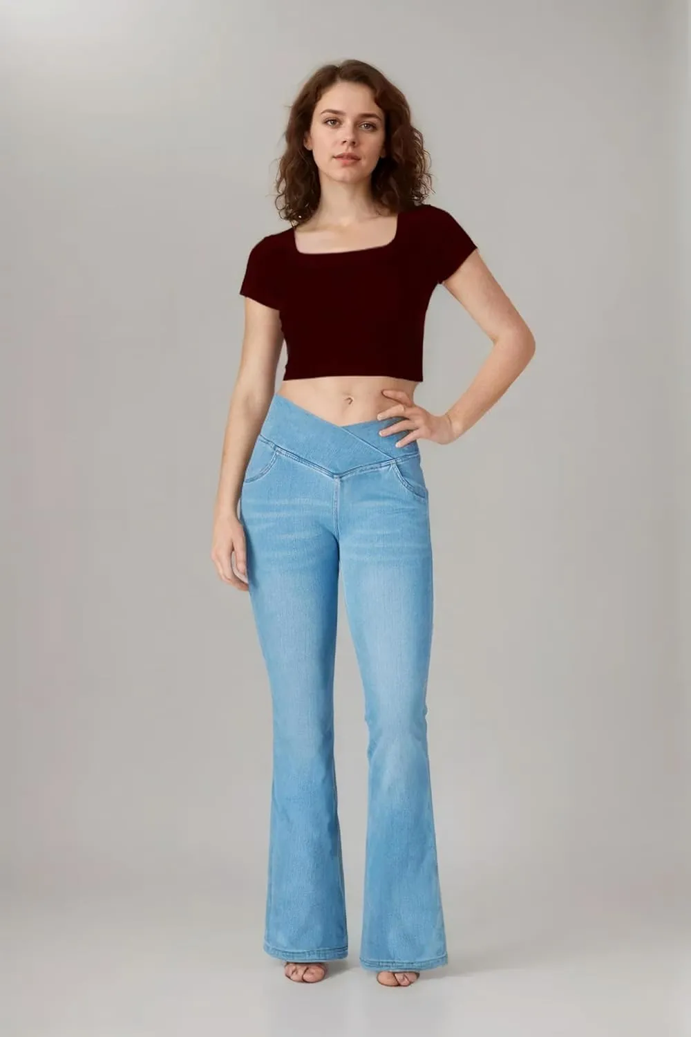 BlueRose Flare Jean Leggings for Women,Bell Bottom Jeans for Women Knit Crossover High Waisted Bootcut Jean