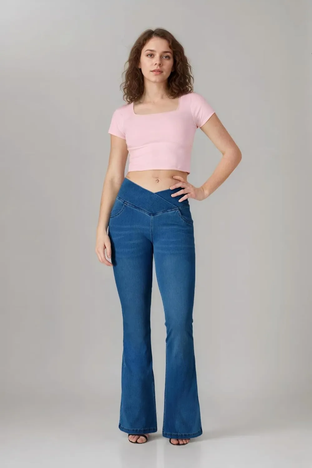BlueRose Flare Jean Leggings for Women,Bell Bottom Jeans for Women Knit Crossover High Waisted Bootcut Jean