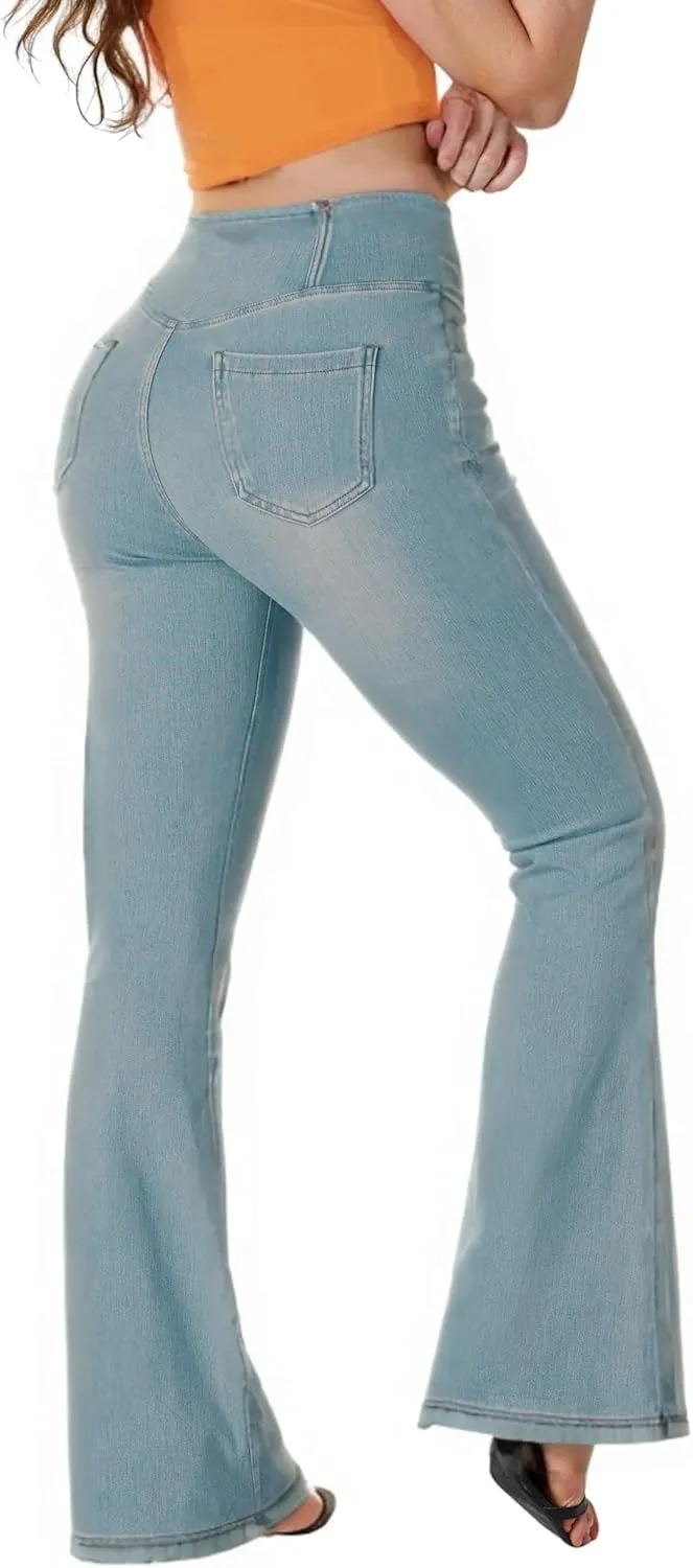 BlueRose Flare Jean Leggings for Women,Bell Bottom Jeans for Women Knit Crossover High Waisted Bootcut Jean