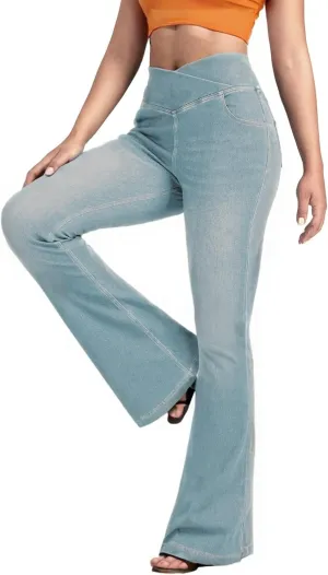 BlueRose Flare Jean Leggings for Women,Bell Bottom Jeans for Women Knit Crossover High Waisted Bootcut Jean
