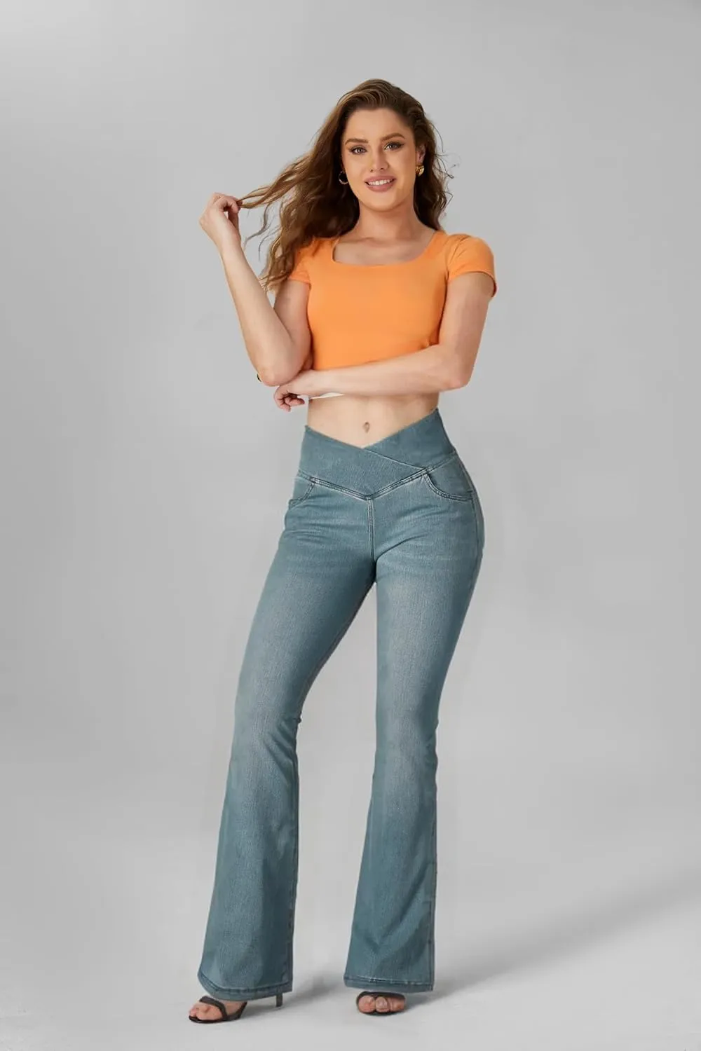 BlueRose Flare Jean Leggings for Women,Bell Bottom Jeans for Women Knit Crossover High Waisted Bootcut Jean