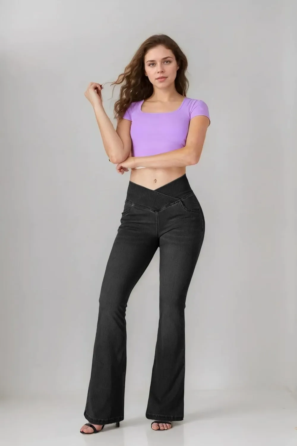 BlueRose Flare Jean Leggings for Women,Bell Bottom Jeans for Women Knit Crossover High Waisted Bootcut Jean