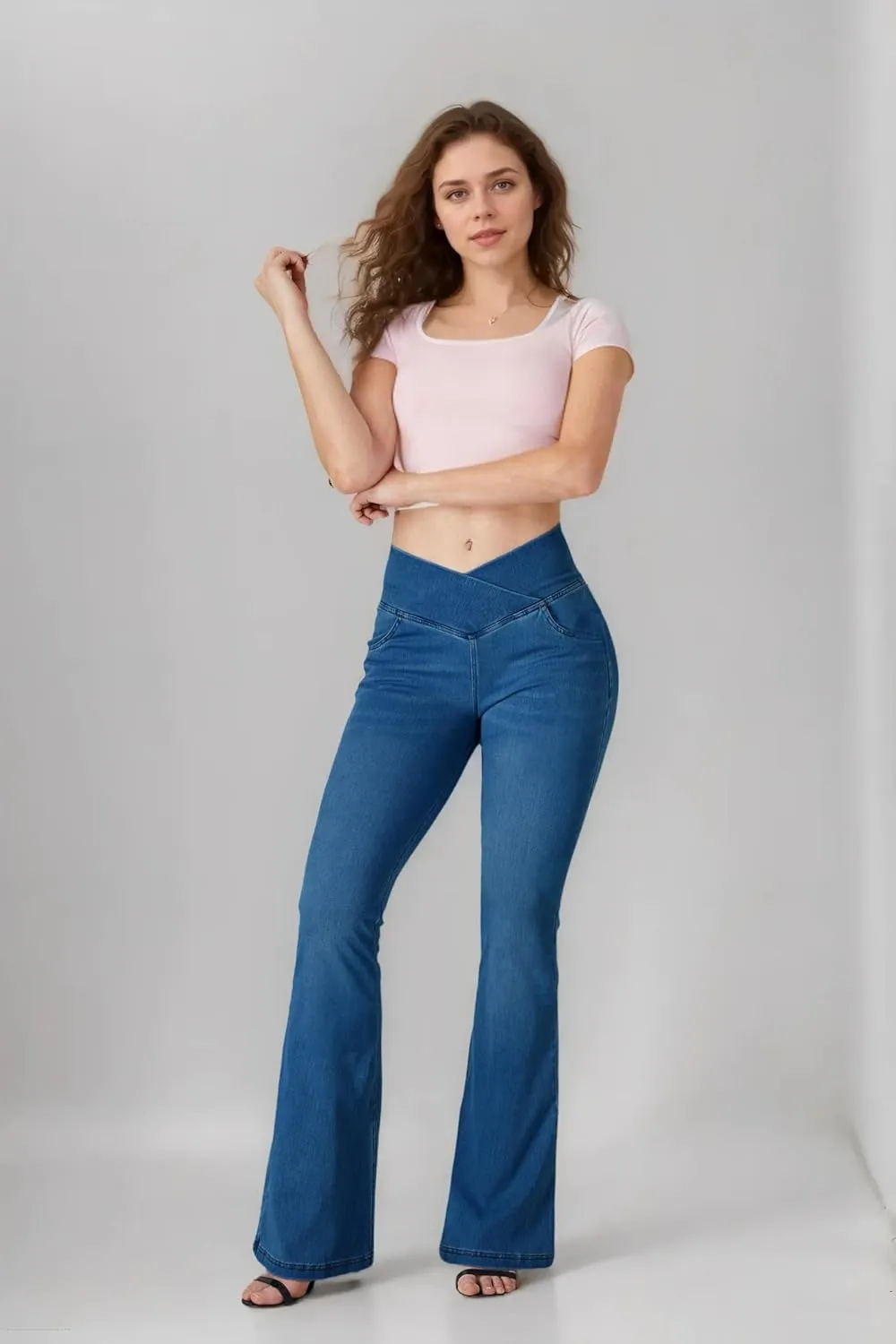 BlueRose Flare Jean Leggings for Women,Bell Bottom Jeans for Women Knit Crossover High Waisted Bootcut Jean