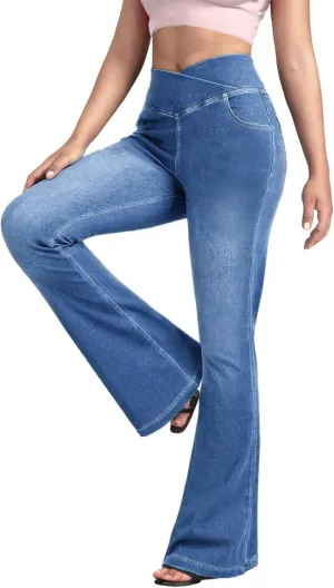 BlueRose Flare Jean Leggings for Women,Bell Bottom Jeans for Women Knit Crossover High Waisted Bootcut Jean