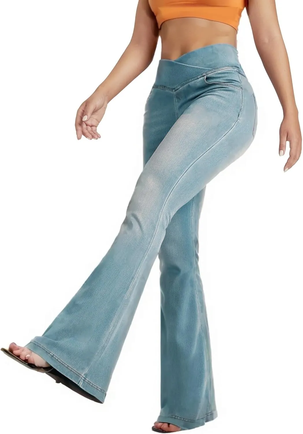BlueRose Flare Jean Leggings for Women,Bell Bottom Jeans for Women Knit Crossover High Waisted Bootcut Jean
