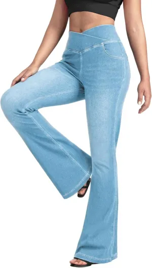 BlueRose Flare Jean Leggings for Women,Bell Bottom Jeans for Women Knit Crossover High Waisted Bootcut Jean