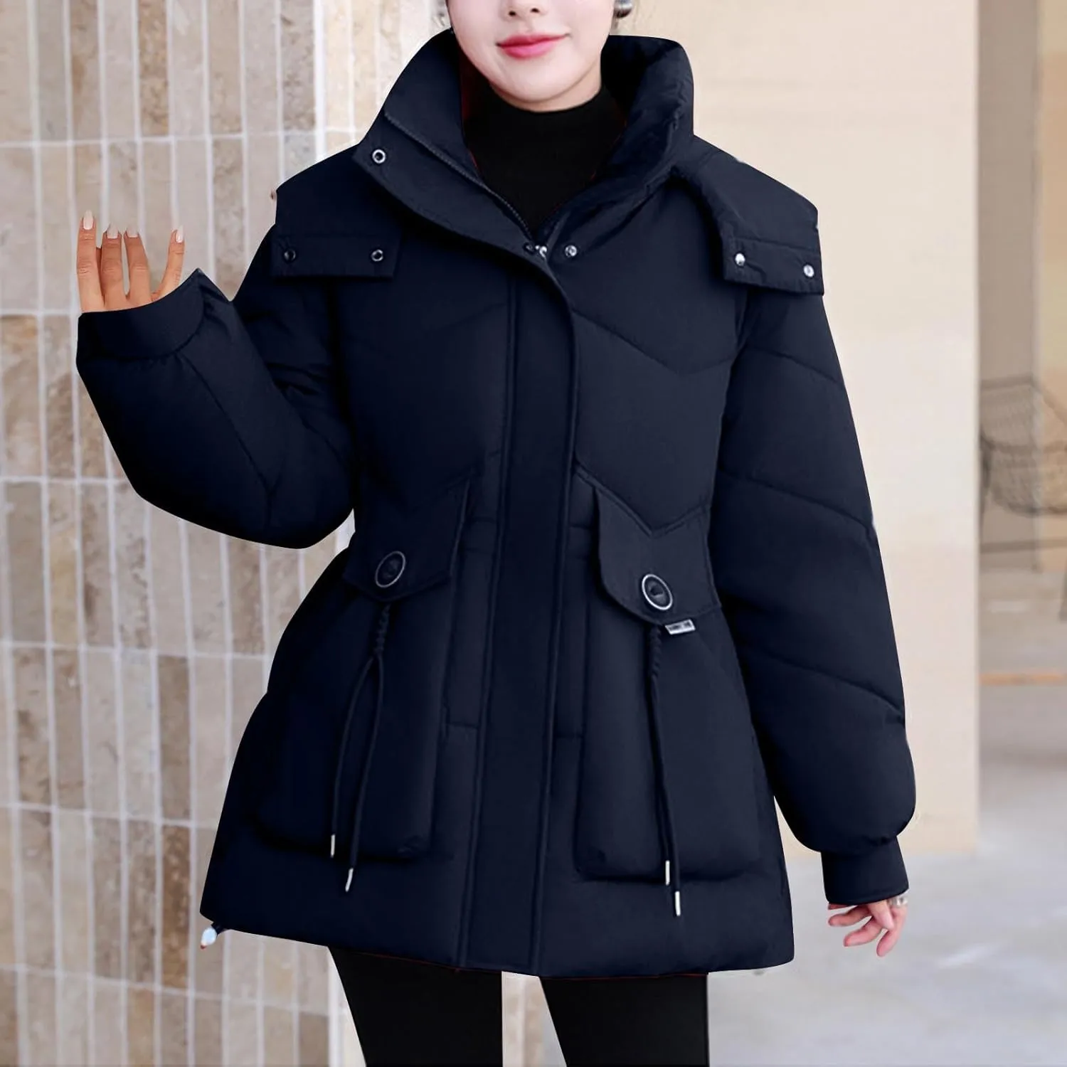 Borniu Women's Warm Thickened Parka Coat Winter Puffer Jacket Hooded Mid-Length Down Puffer Coats with Pockets
