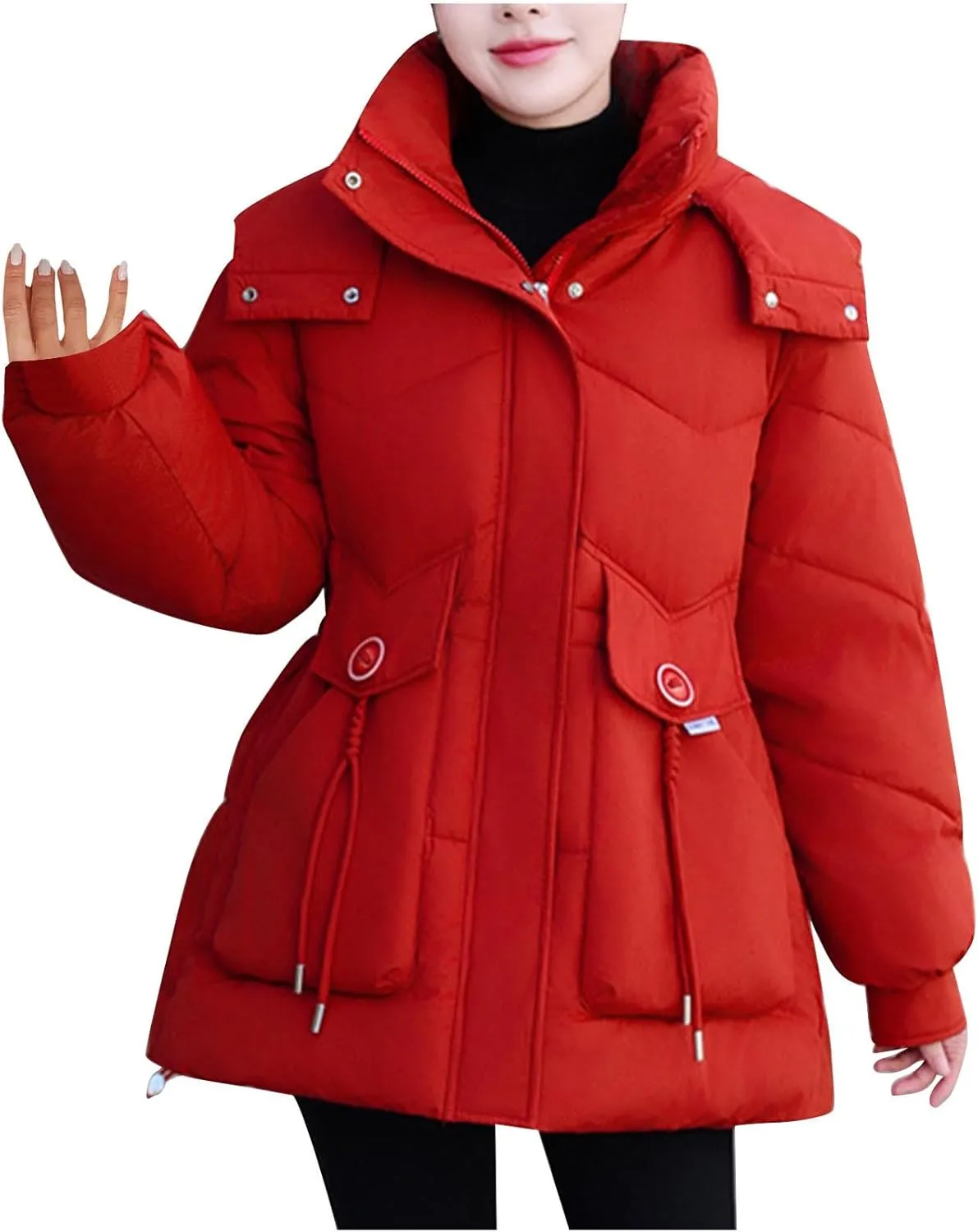 Borniu Women's Warm Thickened Parka Coat Winter Puffer Jacket Hooded Mid-Length Down Puffer Coats with Pockets