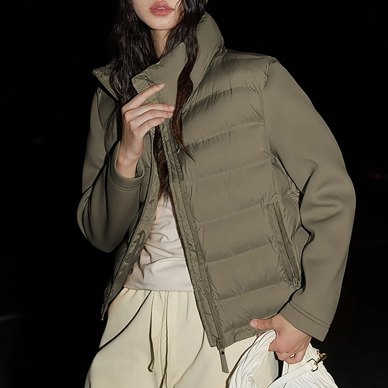 Borniu Womens Winter Cropped Puffer Jacket Coat Splice Short Warm Quilted Jacket Lightweight Down Coats with Pockets