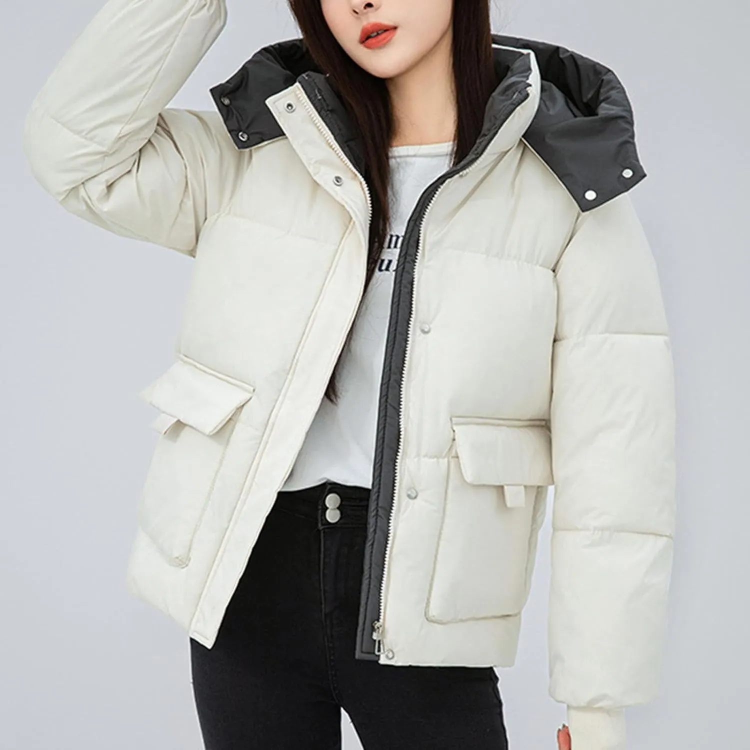 Borniu Women's Winter Hoode Puffer Jacket Splice Long Sleeve Zip Up Quilted Baggy Warm Short Down Coats with Pockets