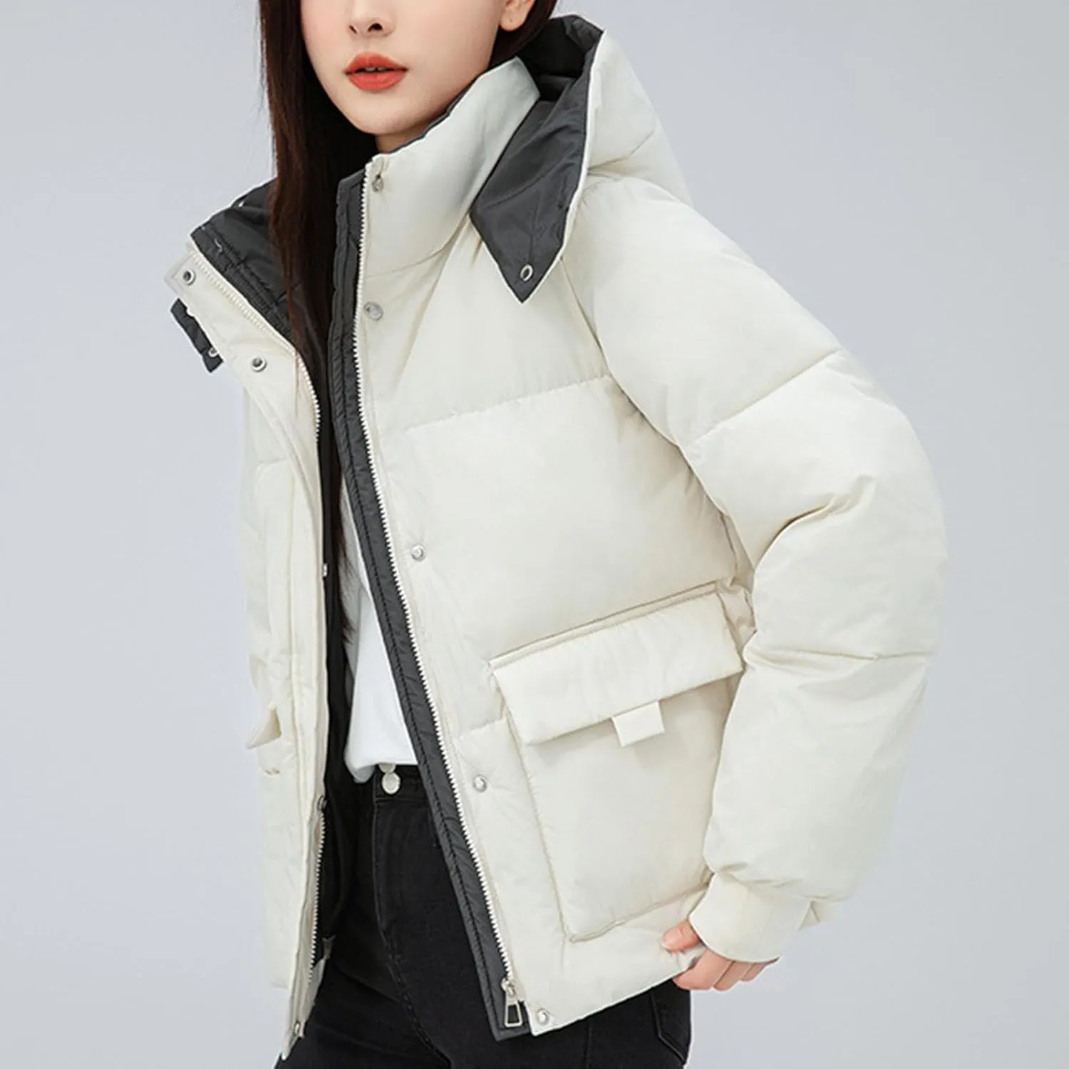 Borniu Women's Winter Hoode Puffer Jacket Splice Long Sleeve Zip Up Quilted Baggy Warm Short Down Coats with Pockets