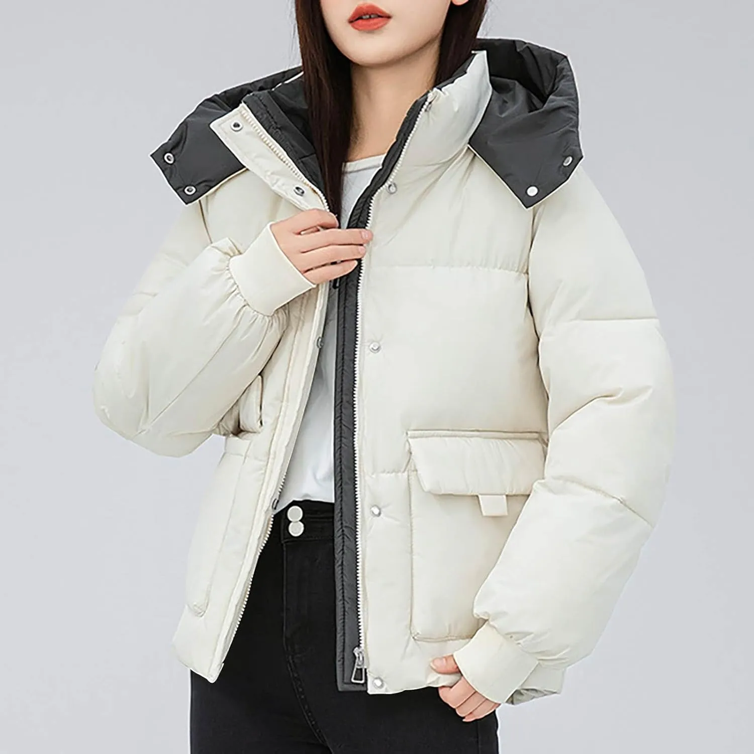 Borniu Women's Winter Hoode Puffer Jacket Splice Long Sleeve Zip Up Quilted Baggy Warm Short Down Coats with Pockets