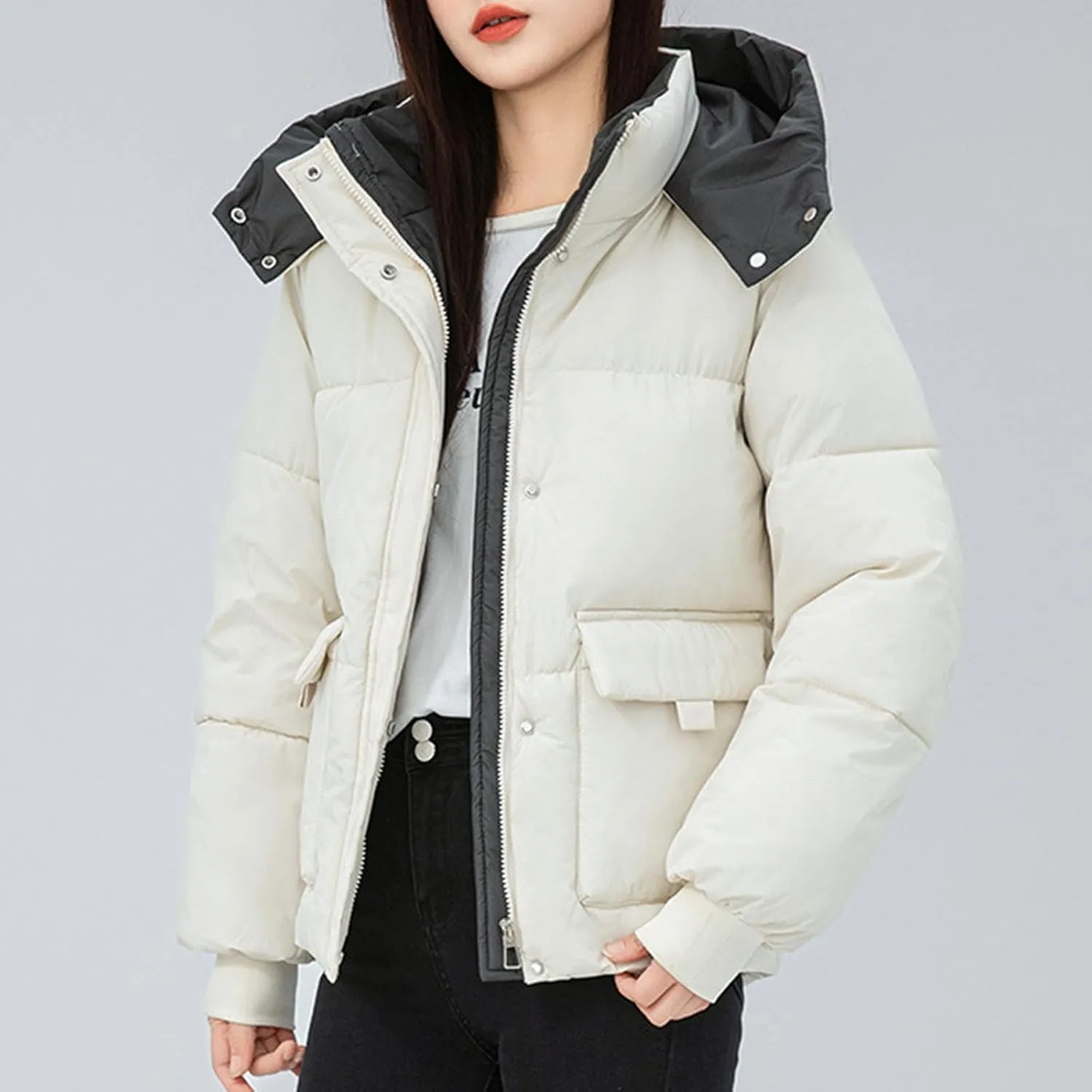 Borniu Women's Winter Hoode Puffer Jacket Splice Long Sleeve Zip Up Quilted Baggy Warm Short Down Coats with Pockets