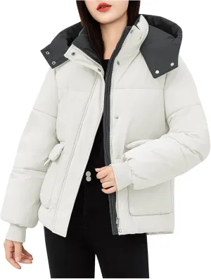 Borniu Women's Winter Hoode Puffer Jacket Splice Long Sleeve Zip Up Quilted Baggy Warm Short Down Coats with Pockets
