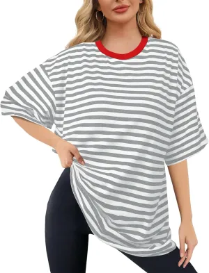 Buauty Womens Oversized Striped T Shirts, Color Block Tee Loose Fit Crew Neck Short Sleeve Tops Casual Summer Y2K 2025 Trendy