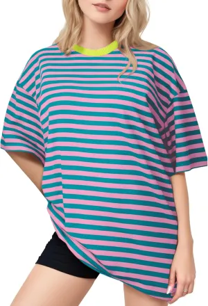 Buauty Womens Oversized Striped T Shirts, Color Block Tee Loose Fit Crew Neck Short Sleeve Tops Casual Summer Y2K 2025 Trendy