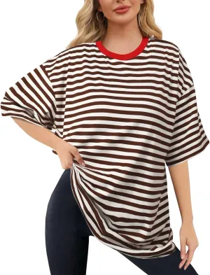 Buauty Womens Oversized Striped T Shirts, Color Block Tee Loose Fit Crew Neck Short Sleeve Tops Casual Summer Y2K 2025 Trendy