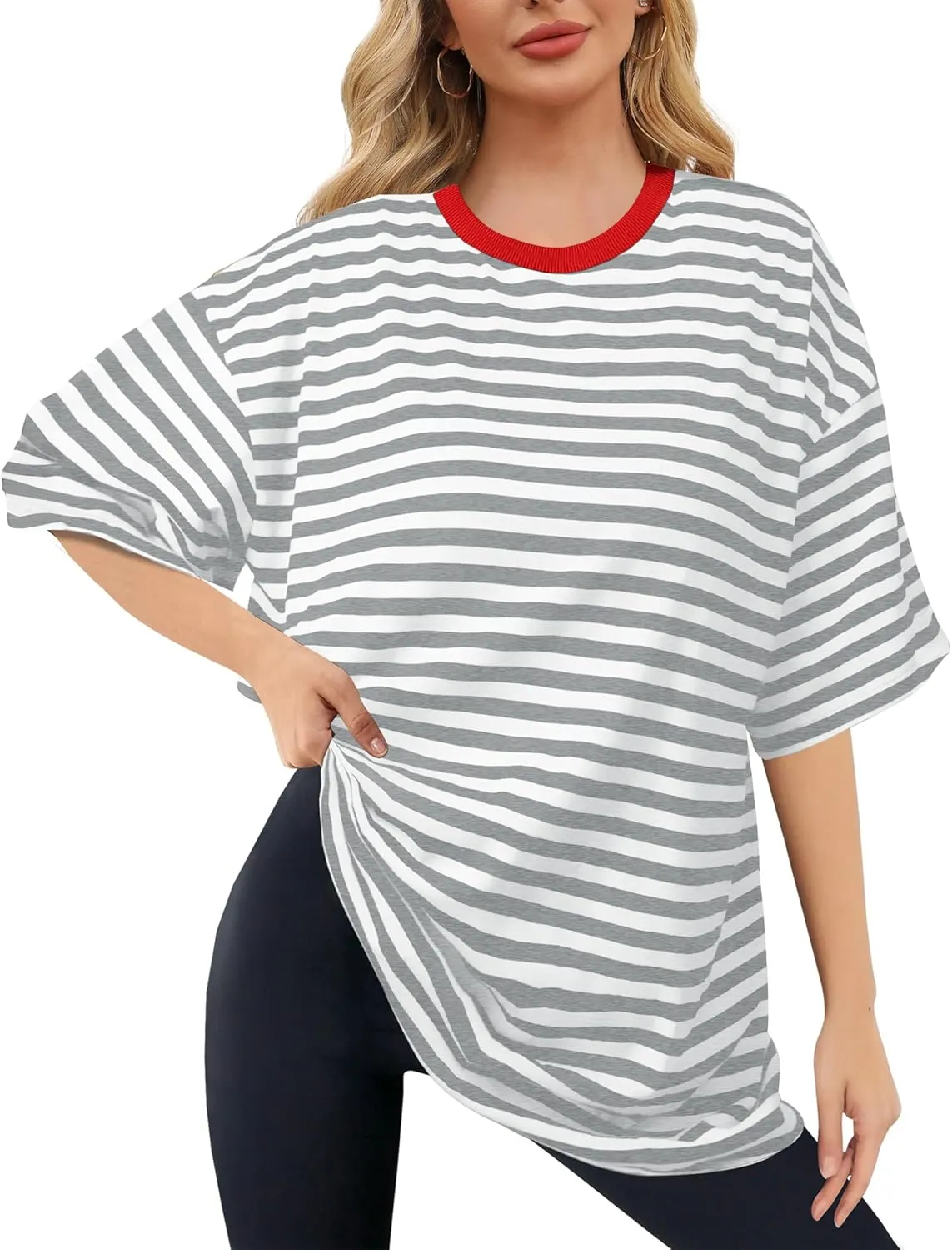 Buauty Womens Oversized Striped T Shirts, Color Block Tee Loose Fit Crew Neck Short Sleeve Tops Casual Summer Y2K 2025 Trendy