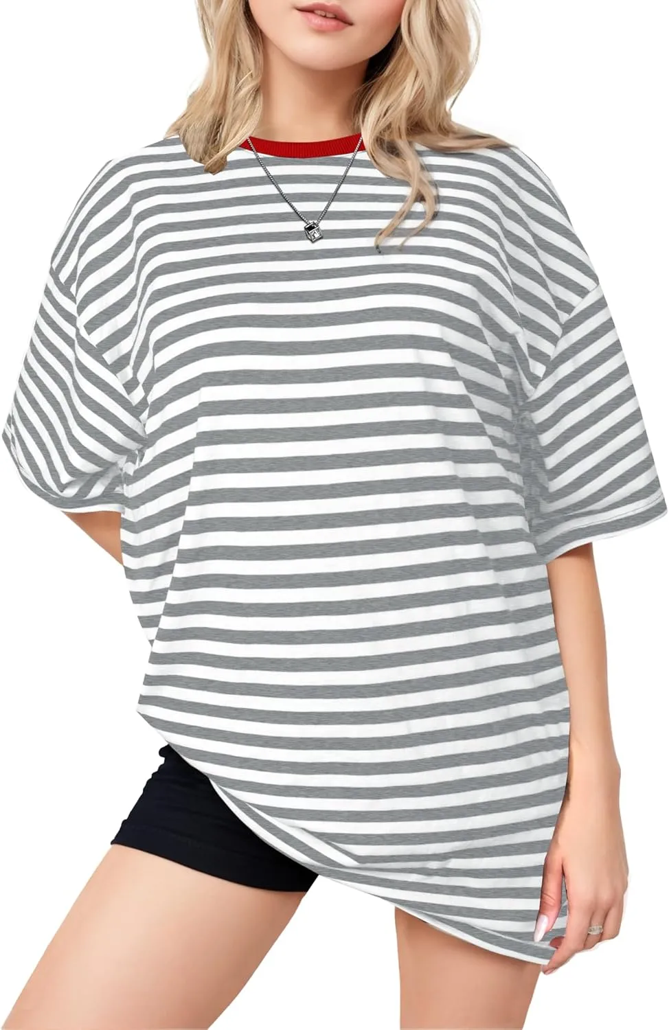 Buauty Womens Oversized Striped T Shirts, Color Block Tee Loose Fit Crew Neck Short Sleeve Tops Casual Summer Y2K 2025 Trendy