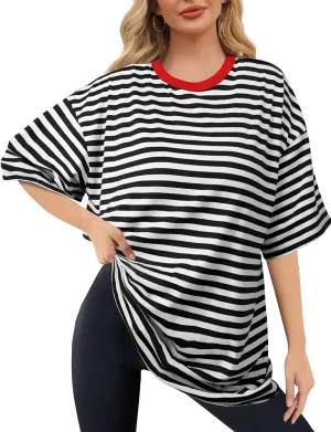Buauty Womens Oversized T Shirts, Striped Color Block Tee Loose Fit Crew Neck Short Sleeve Tops Casual Summer Y2K 2024 Trendy