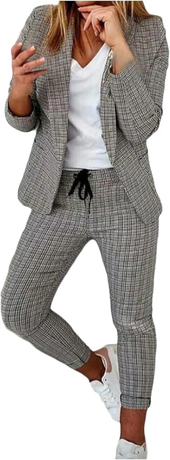 Business Casual Outfits for Women 2 Piece Suit Sets Long Sleeve Open Front Blazers & Office Drawstring Dress Pants