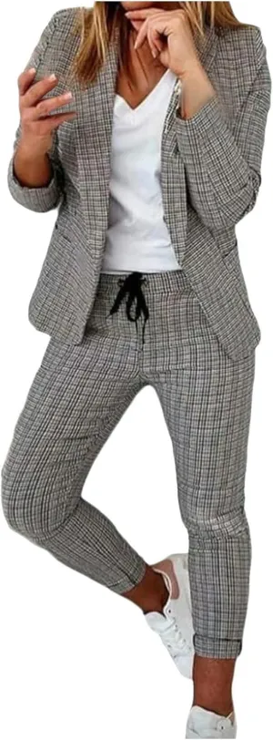 Business Casual Outfits for Women 2 Piece Suit Sets Long Sleeve Open Front Blazers & Office Drawstring Dress Pants